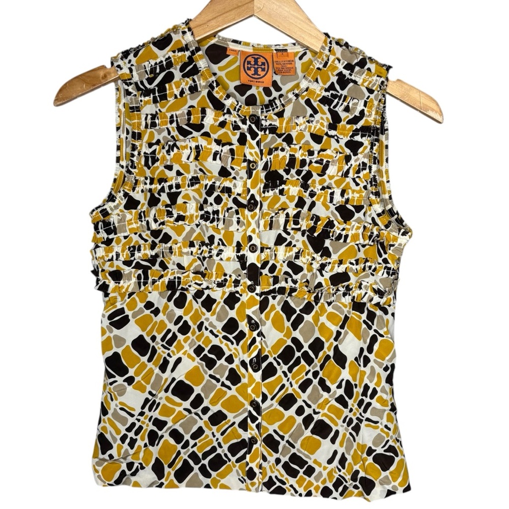 Tory Burch silk sleeveless blouse yellow brown pattern tank top women’s size 2
